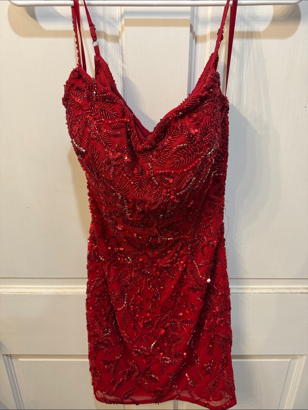 Red Beaded Ashley Lauren Spaghetti Strap Cocktail Dress
